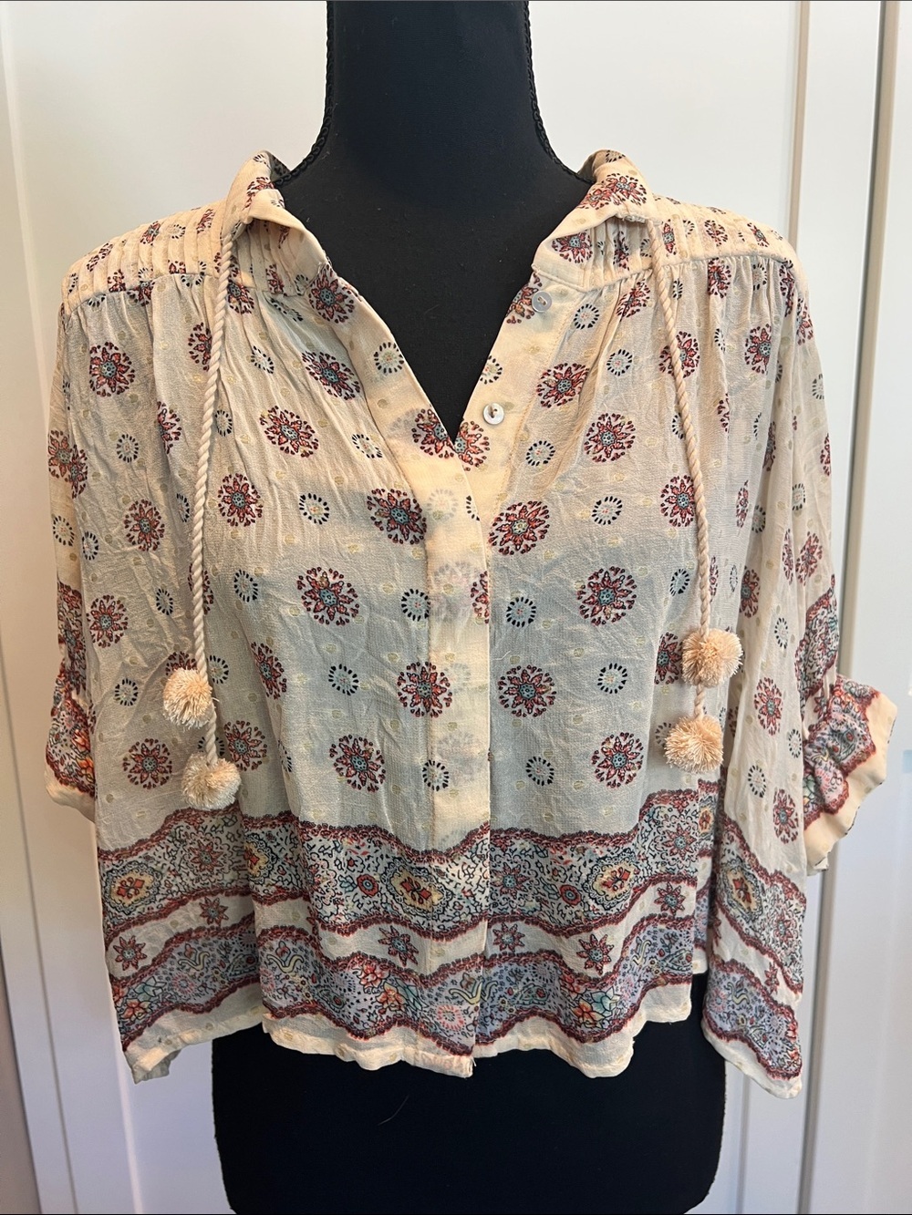 Zara Cream Boho Printed Peasant Blouse with Tassels